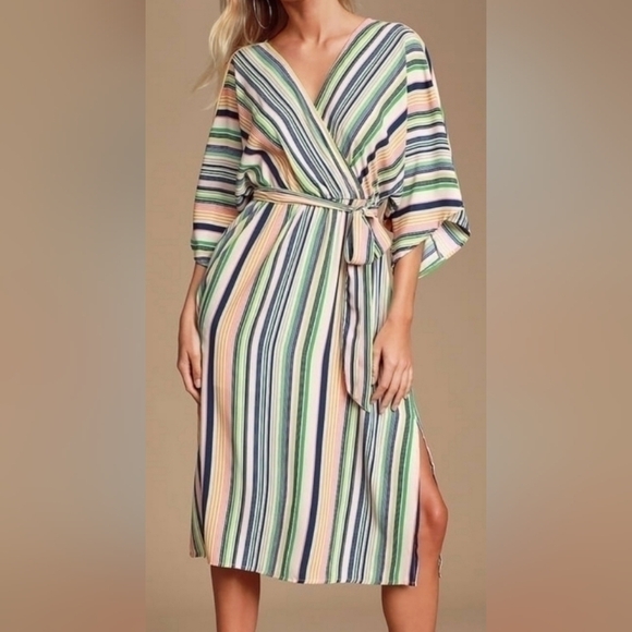 LULUS HIGH POTENTIAL BLUSH MULTI STRIPED MIDI DRESS XS Coastal Beachy - Picture 1 of 12